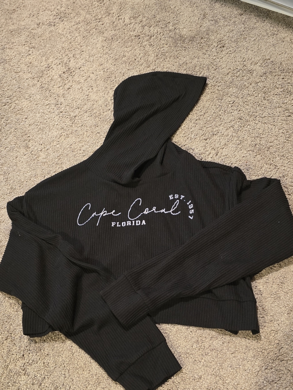 Cropped Ribbed Cape Coral Florida Girls Black Hooded Pullover